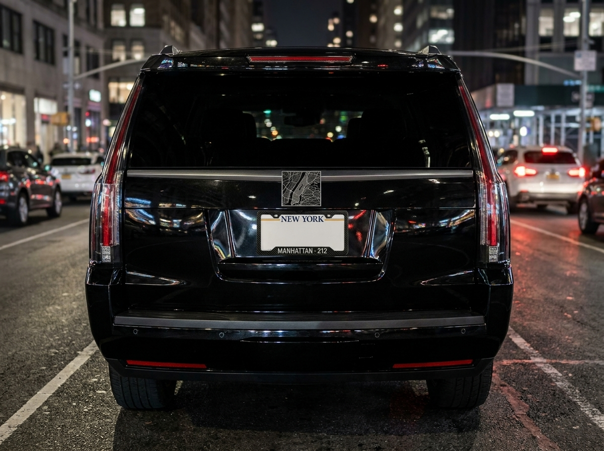Manhattan carbon plate frame on a Cadillac Escalade rear - PSF Carbon