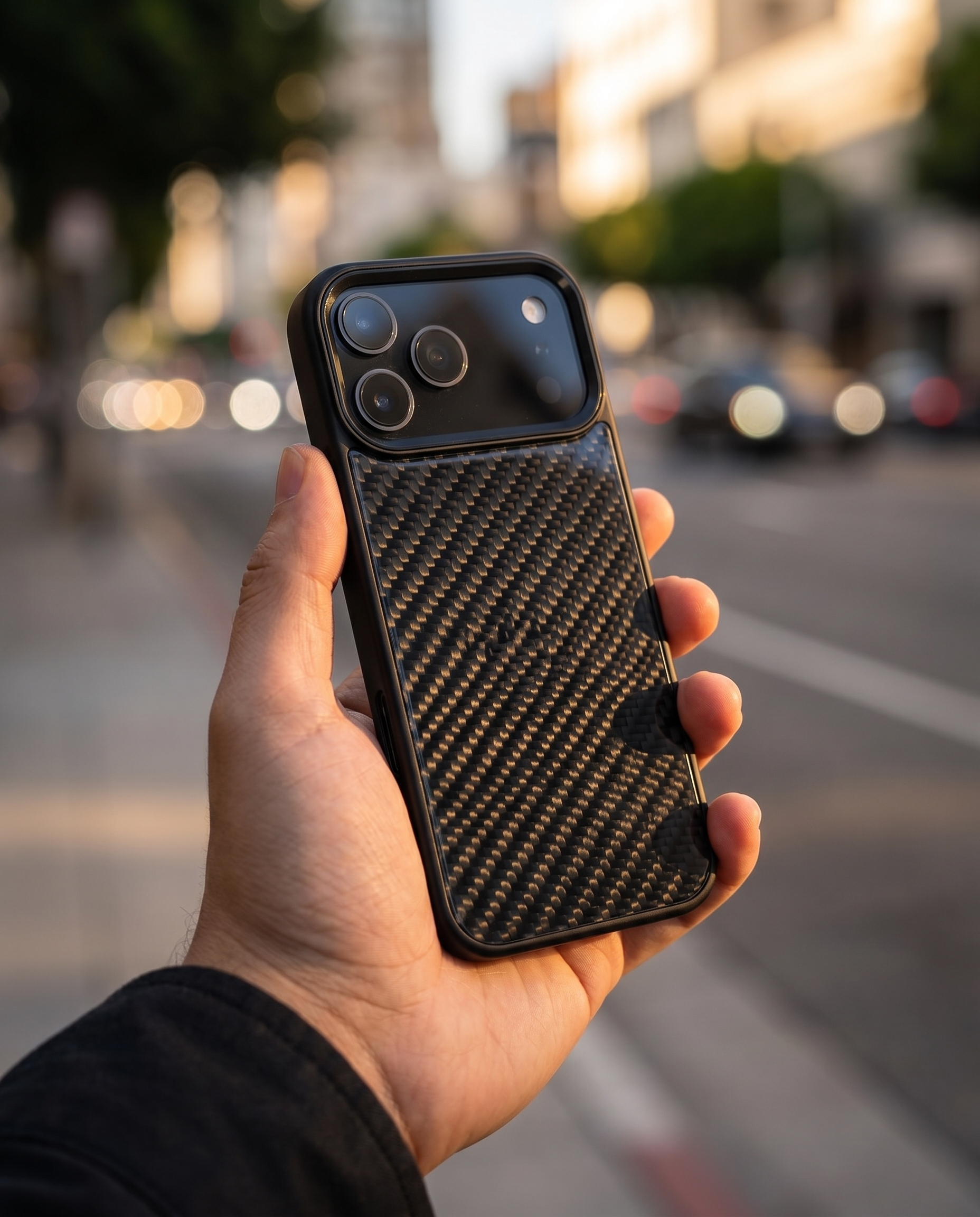 Black 3K carbon fiber iPhone case held in hand, golden hour street