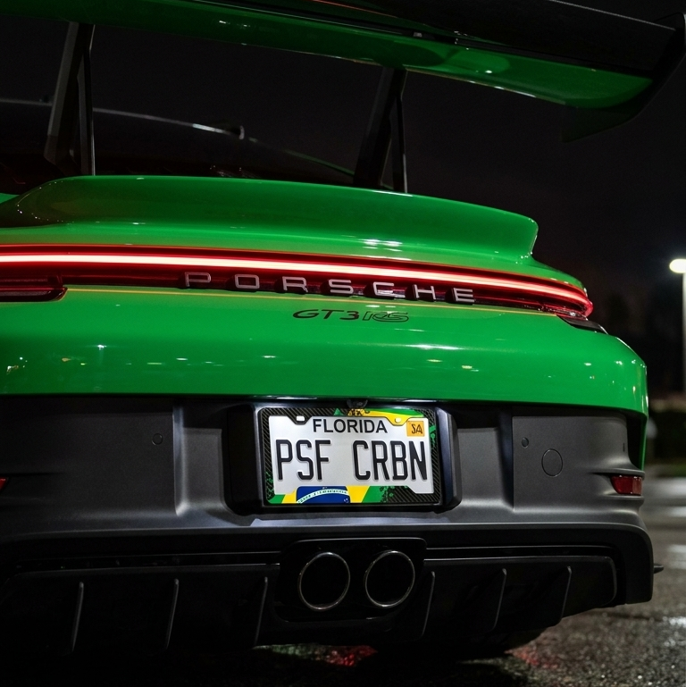 Brazil splatter carbon fiber plate frame - on-car photo