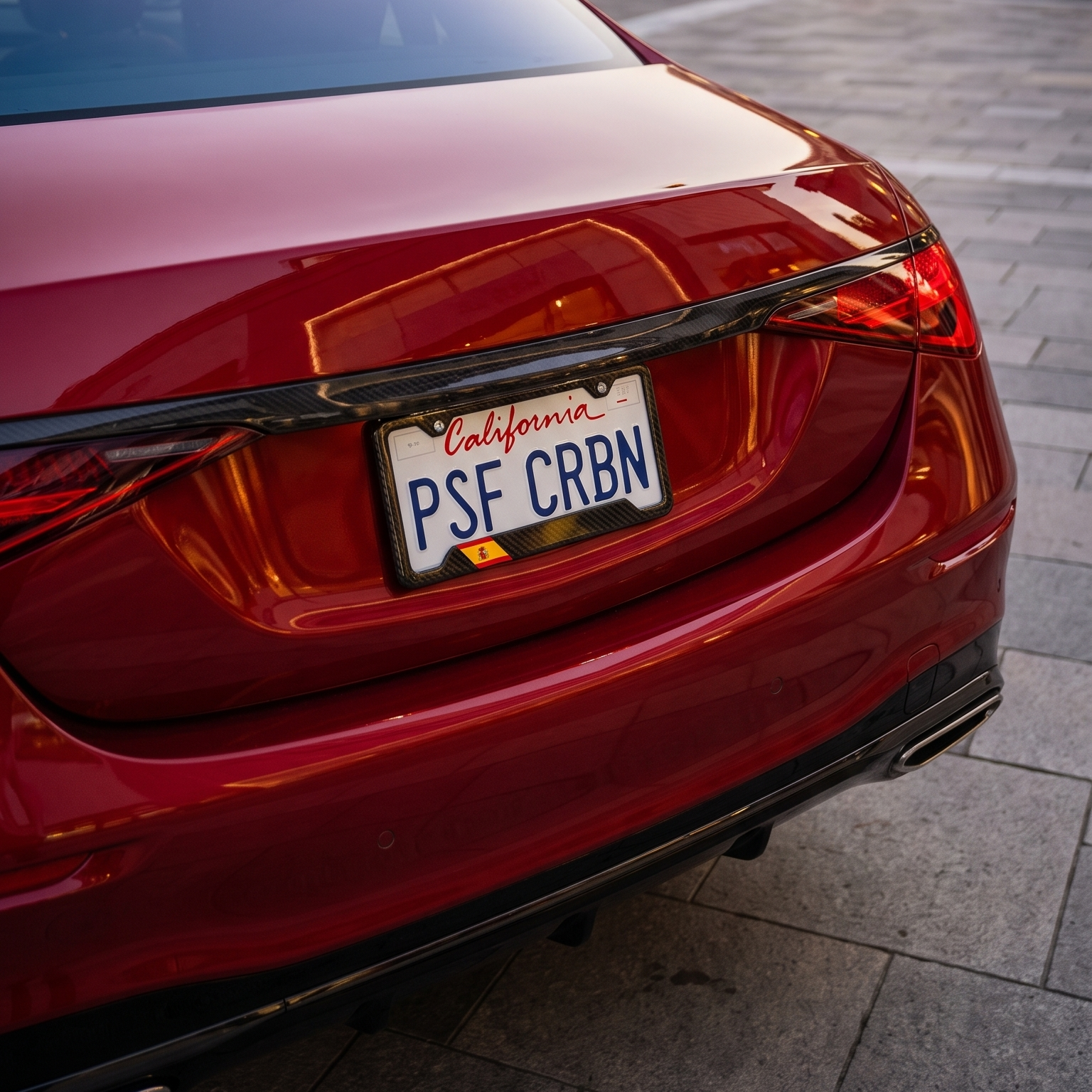 Spain carbon fiber license plate frame on a red luxury car