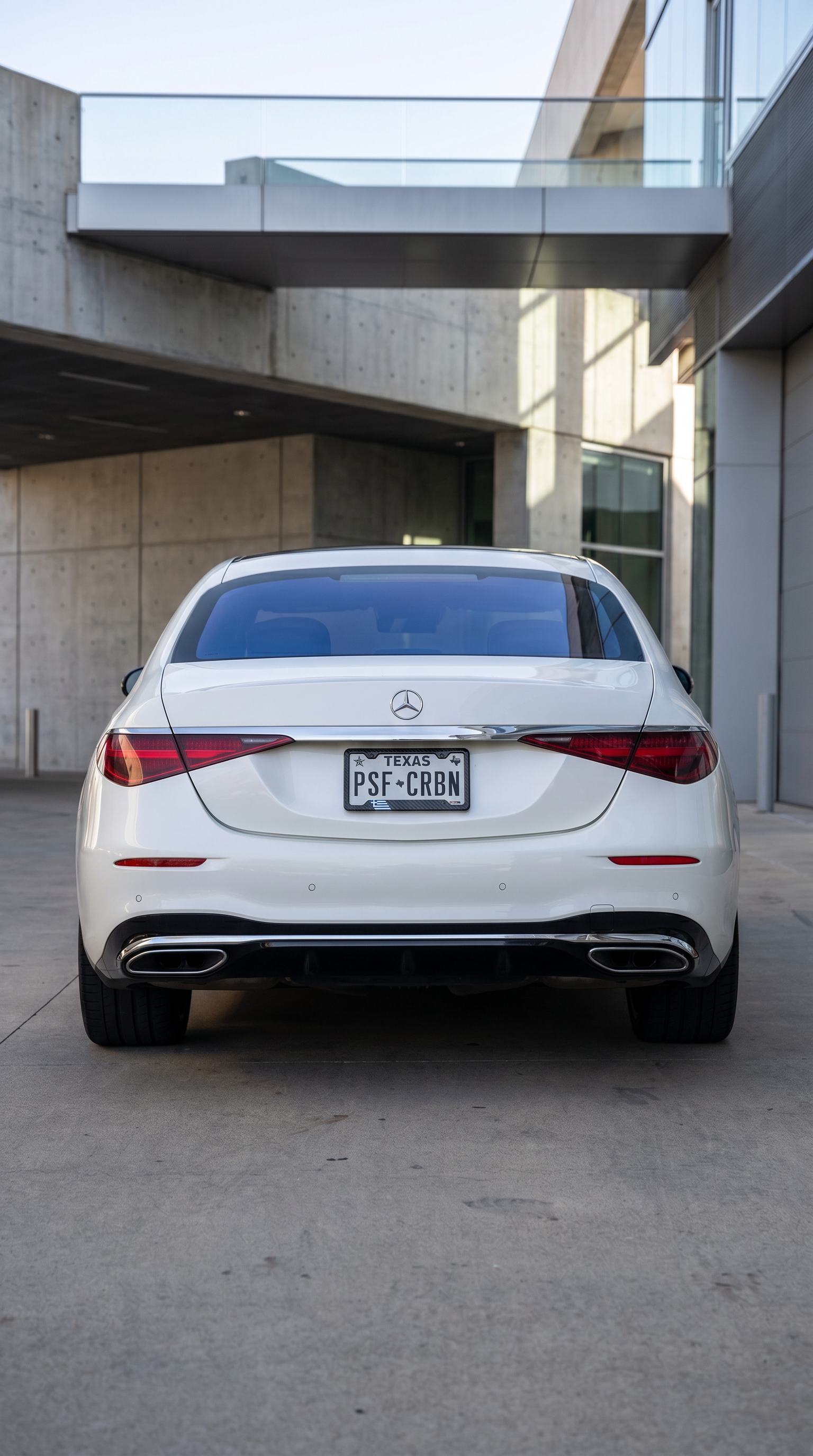 Greece flag carbon fiber license plate frame on pearl white Mercedes-Benz S-Class, wide rear view