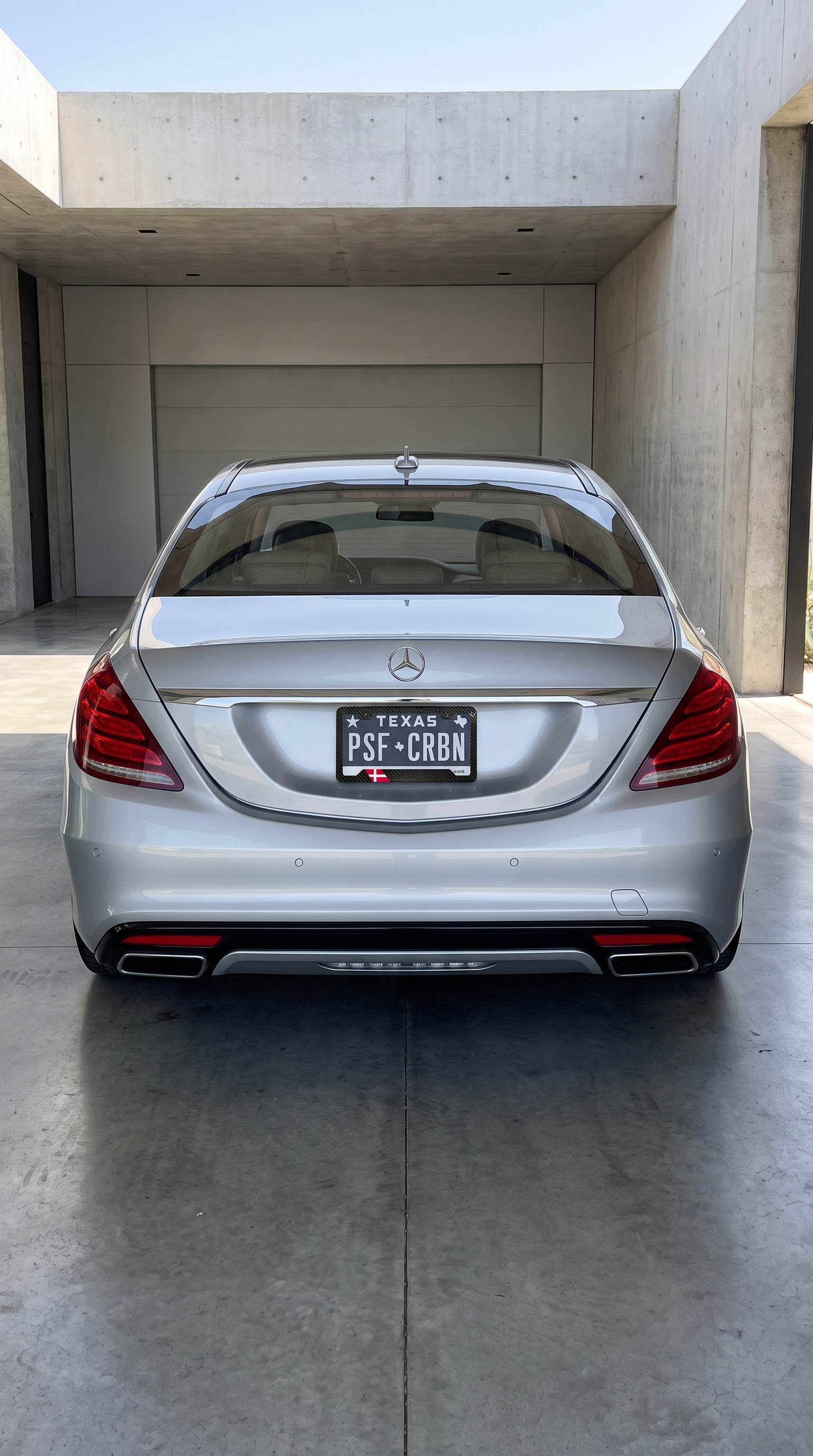 Denmark flag carbon fiber license plate frame on rear of silver Mercedes S-Class, wide shot