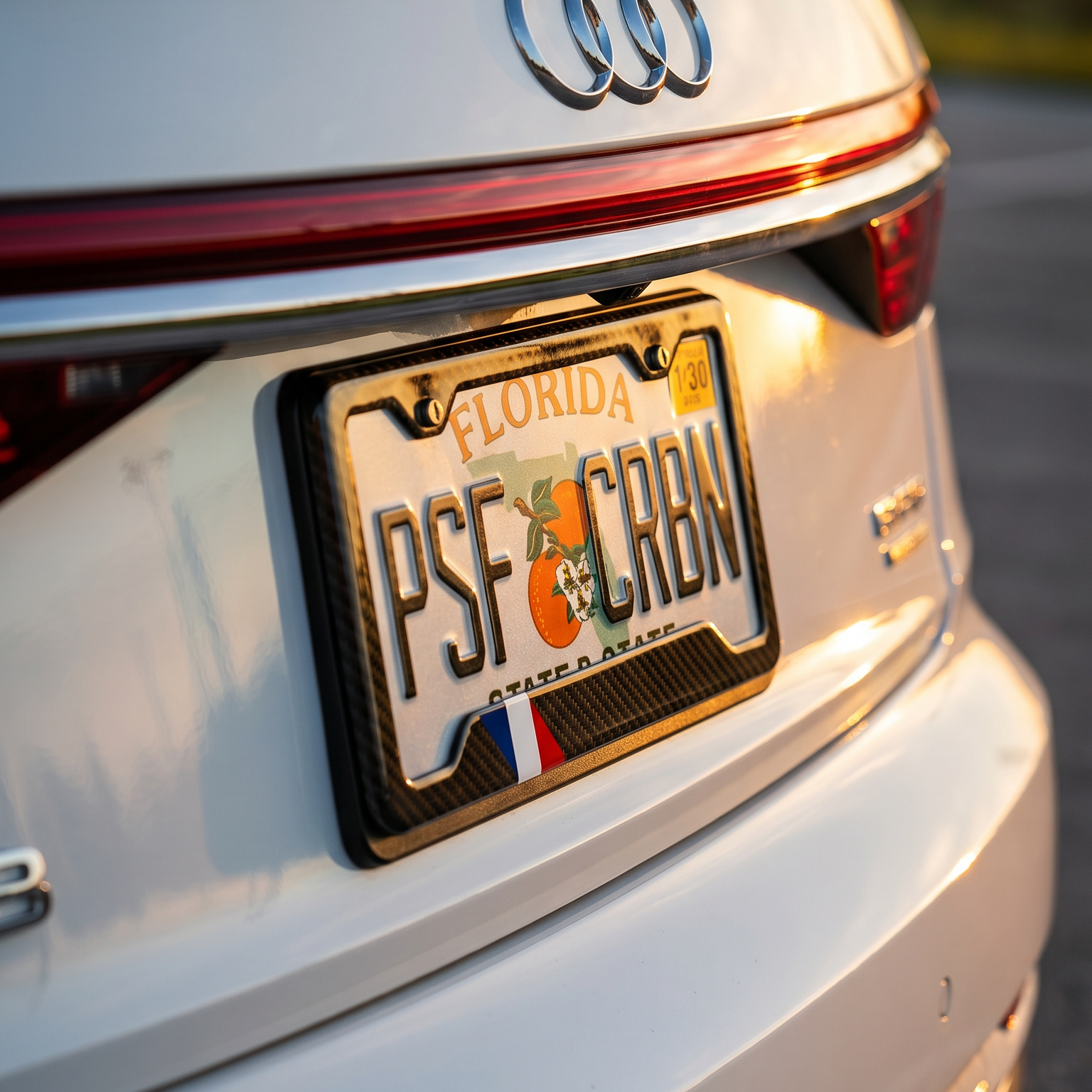 France flag carbon fiber license plate frame on Audi A8, three-quarter angle, Florida plate PSF CRBN