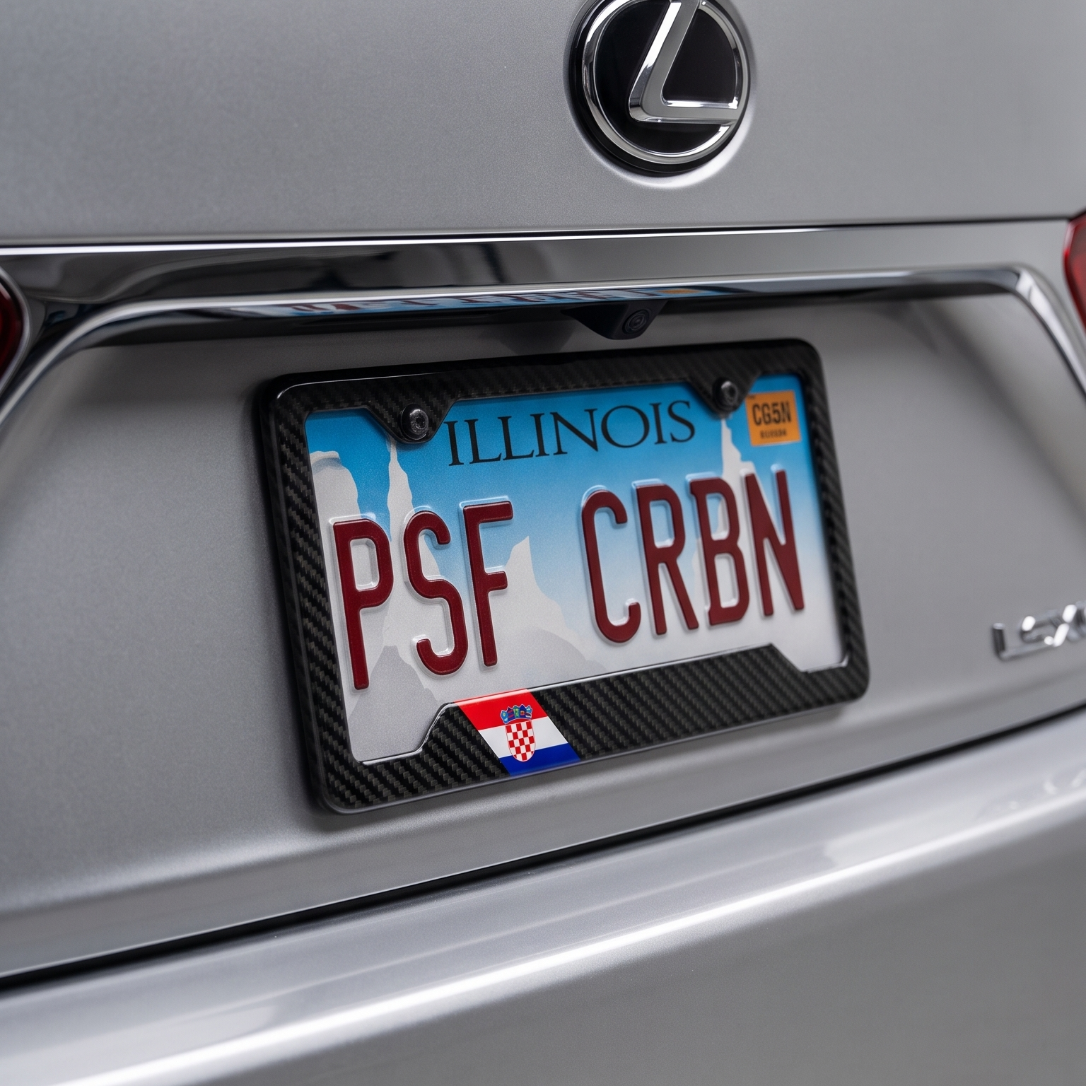 Croatia flag carbon fiber license plate frame close-up on silver Lexus LS