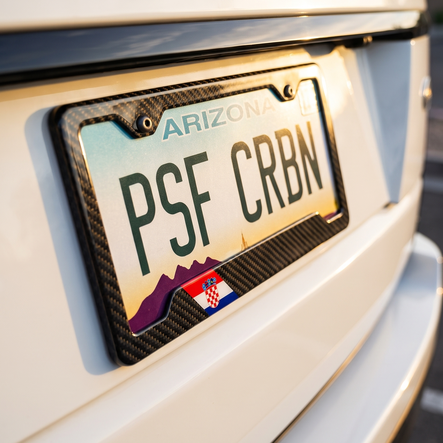 Croatia flag carbon fiber license plate frame three-quarter angle on white Range Rover