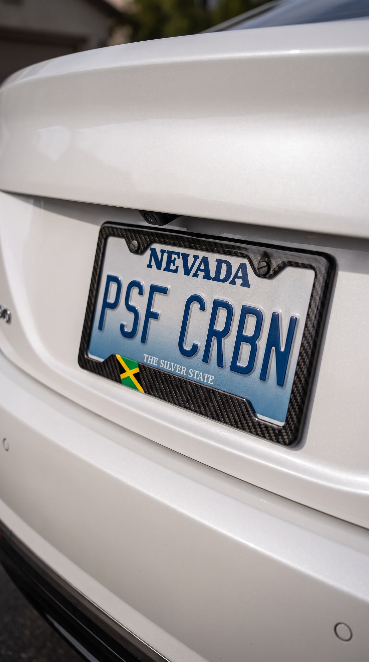Jamaica flag carbon fiber license plate frame close-up on pearl white Genesis G90