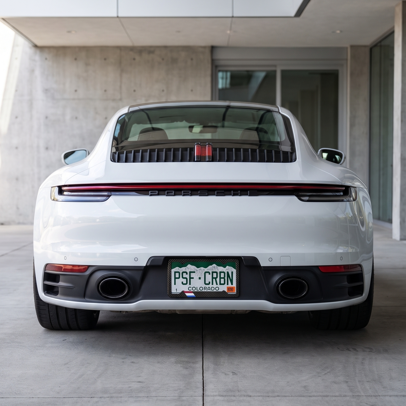 Netherlands flag carbon fiber license plate frame on rear of white Porsche 911, wide shot