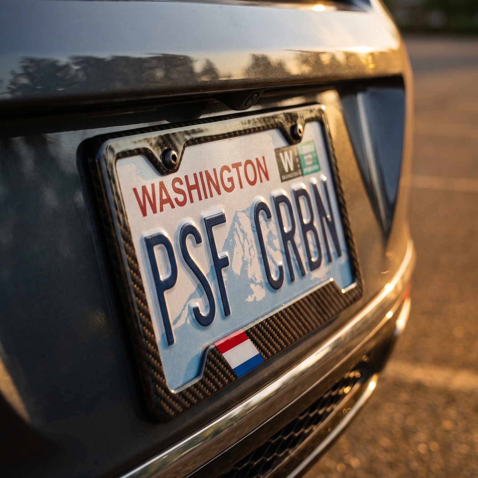 Netherlands flag carbon fiber license plate frame three-quarter angle on dark gray Genesis G90