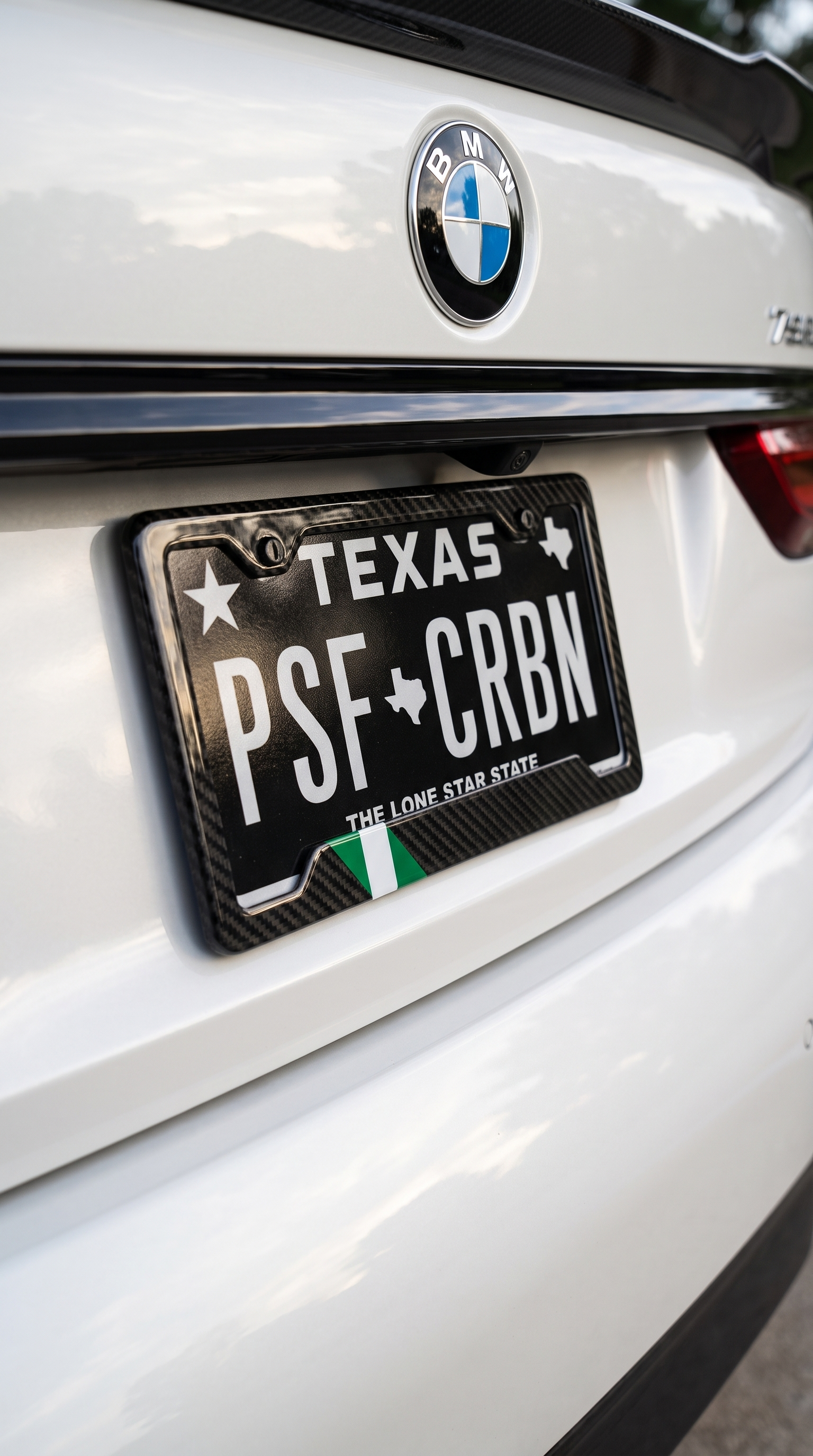 Nigeria flag carbon fiber plate frame on pearl white BMW 7 Series