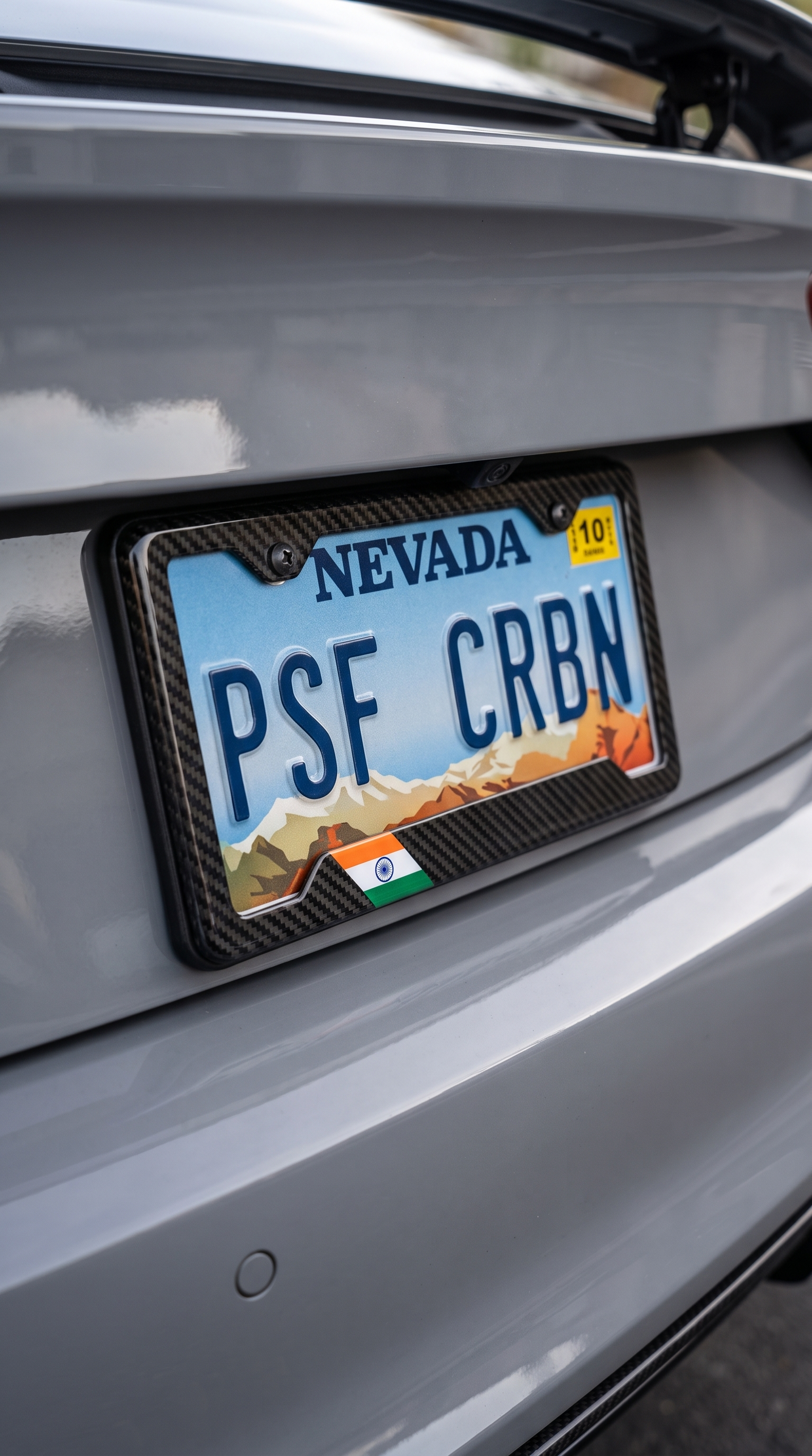 India flag carbon fiber license plate frame on Audi RS7, close-up, Nevada plate PSF CRBN