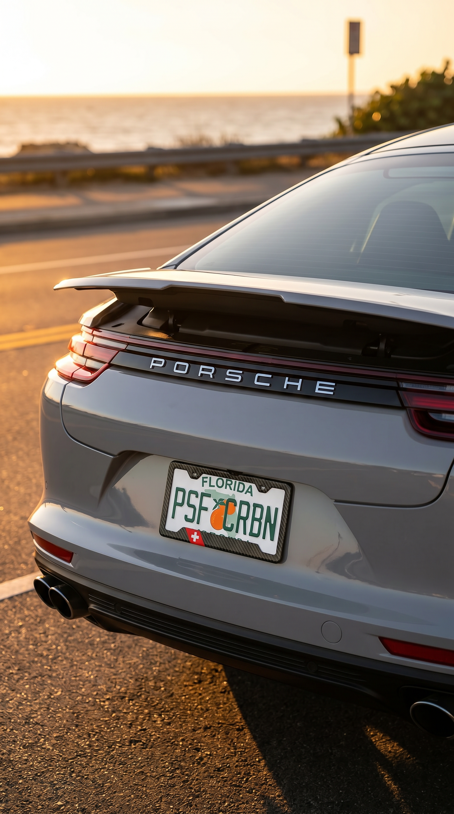 Switzerland flag carbon fiber license plate frame three-quarter angle on grey Porsche Panamera
