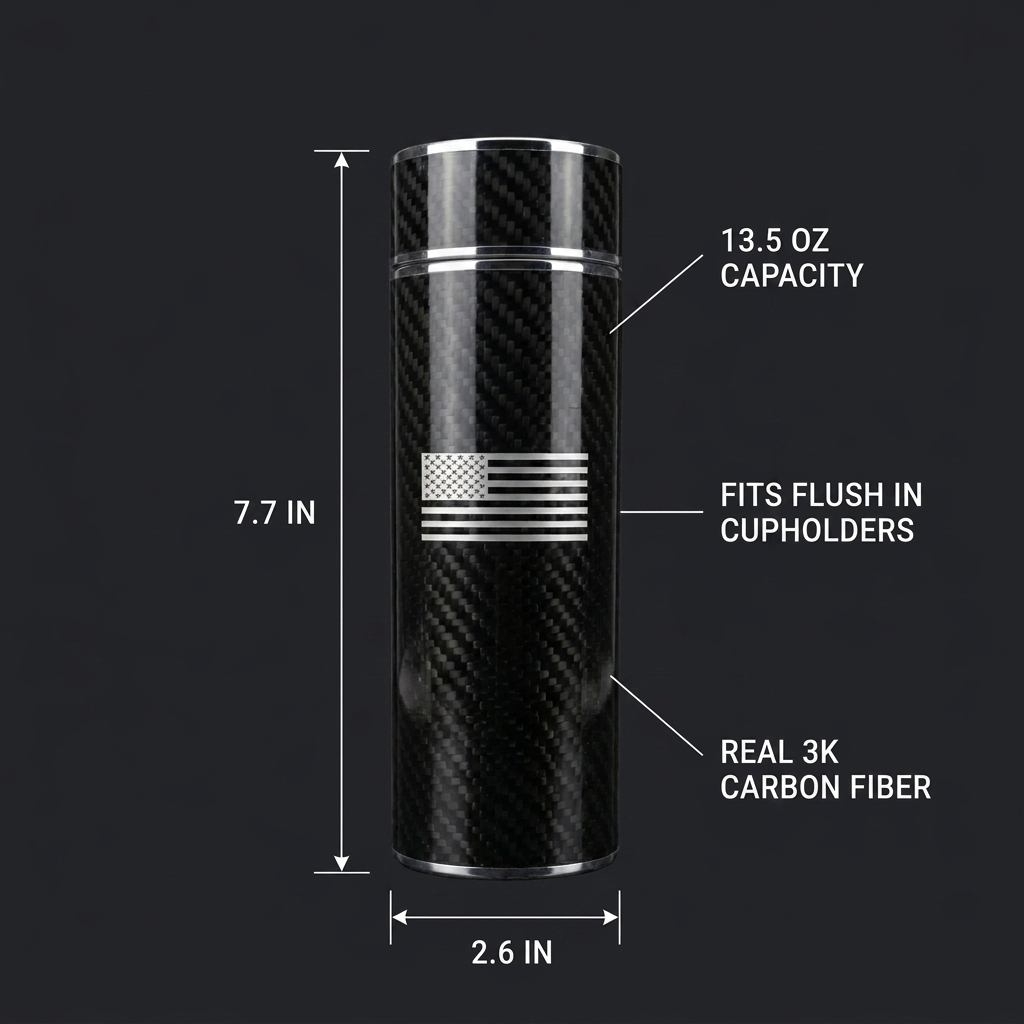 CarbonFlow USA Edition spec infographic - 7.7 in tall, 2.6 in wide, 13.5 oz, fits cupholders