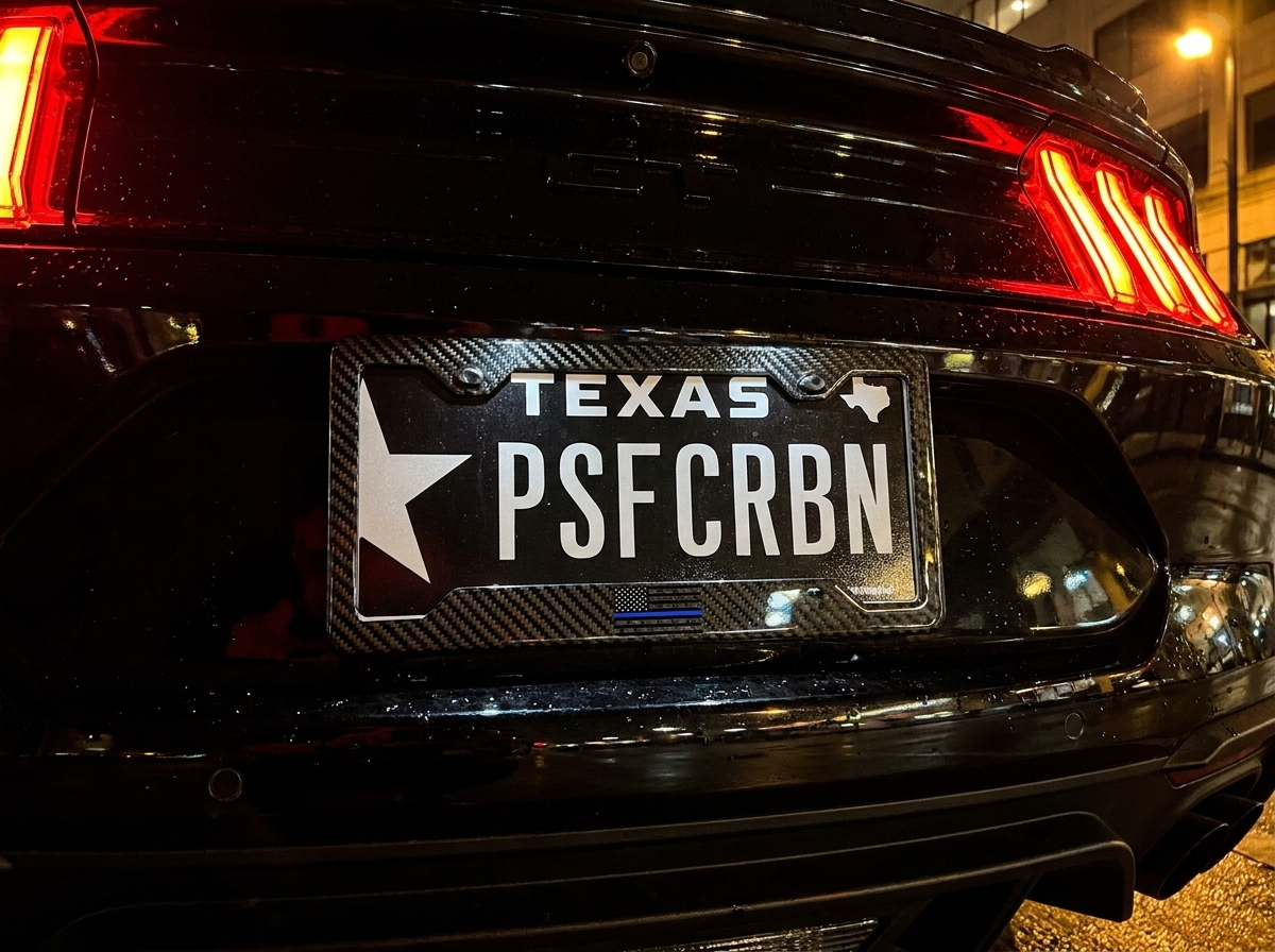 Thin Blue Line frame on Mustang at night