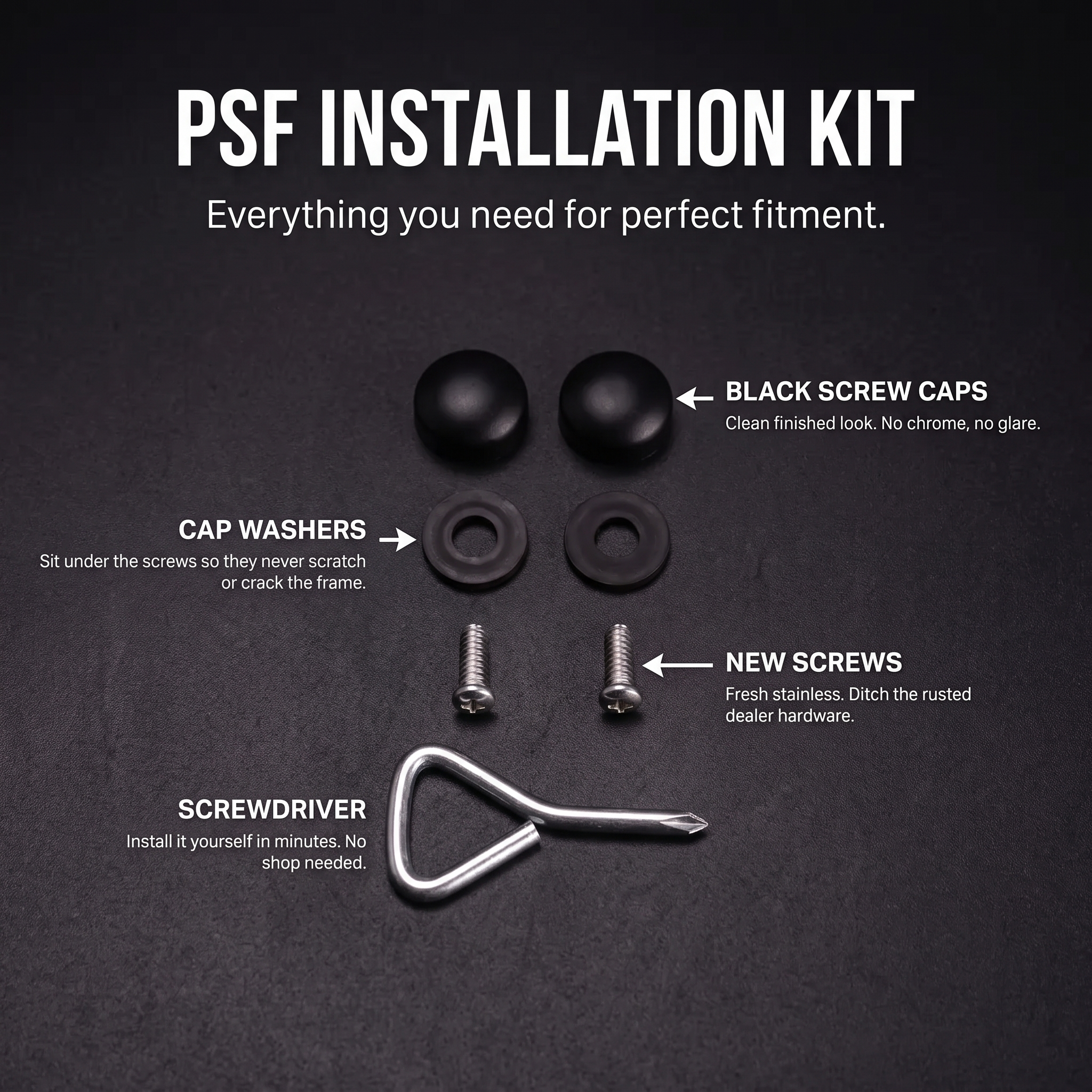 PSF installation kit with screw caps, washers, screws and screwdriver