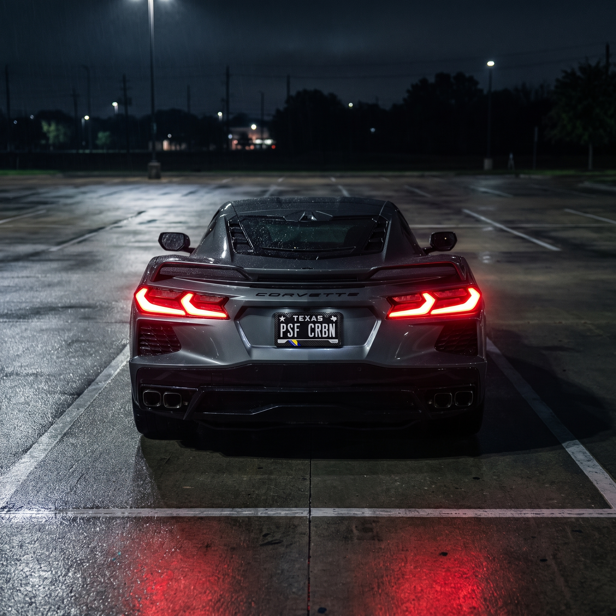 Bosnia and Herzegovina flag carbon fiber license plate frame — rear night shot on Chevrolet Corvette C8 with PSF CRBN Texas plate