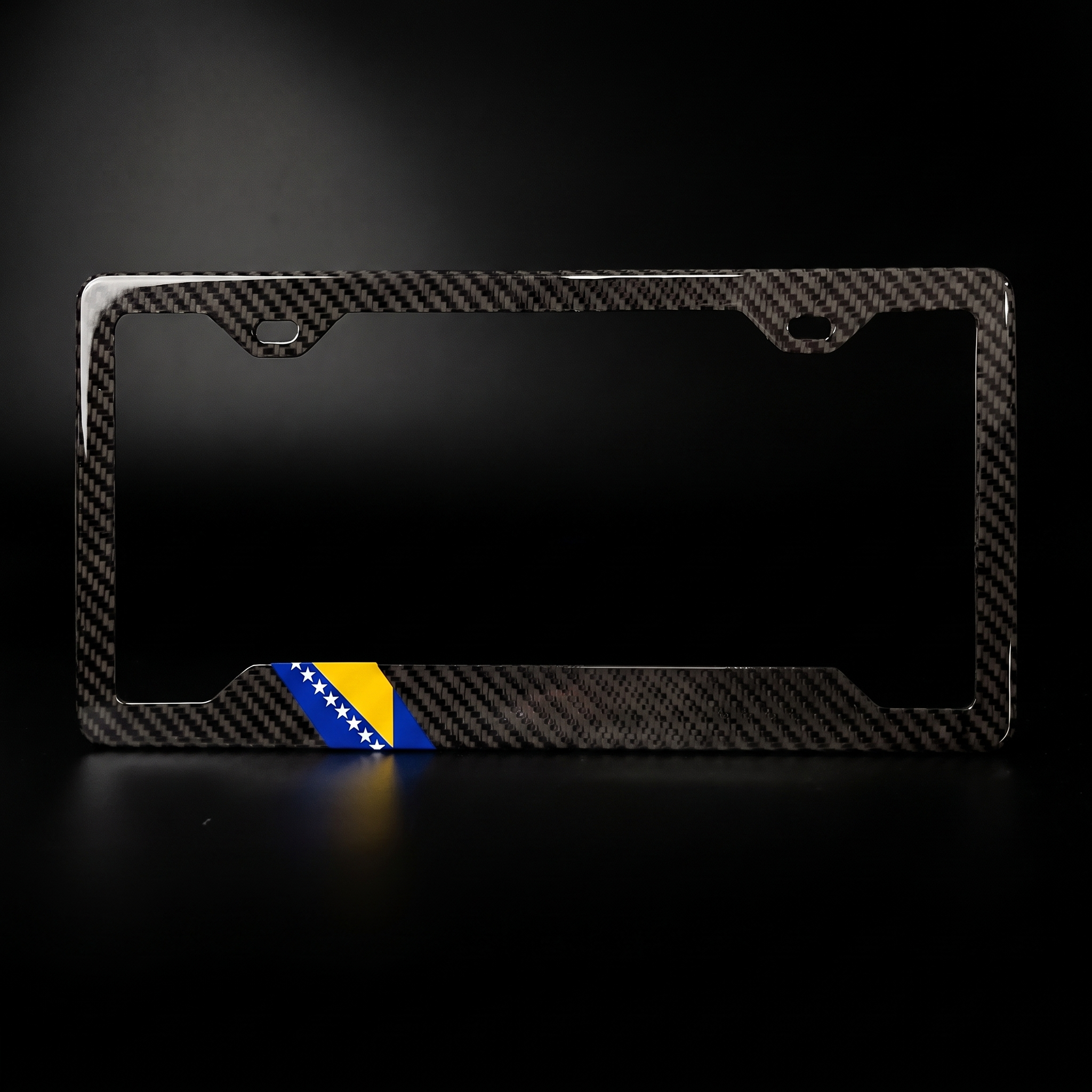 Bosnia and Herzegovina flag carbon fiber license plate frame — studio shot on black background
