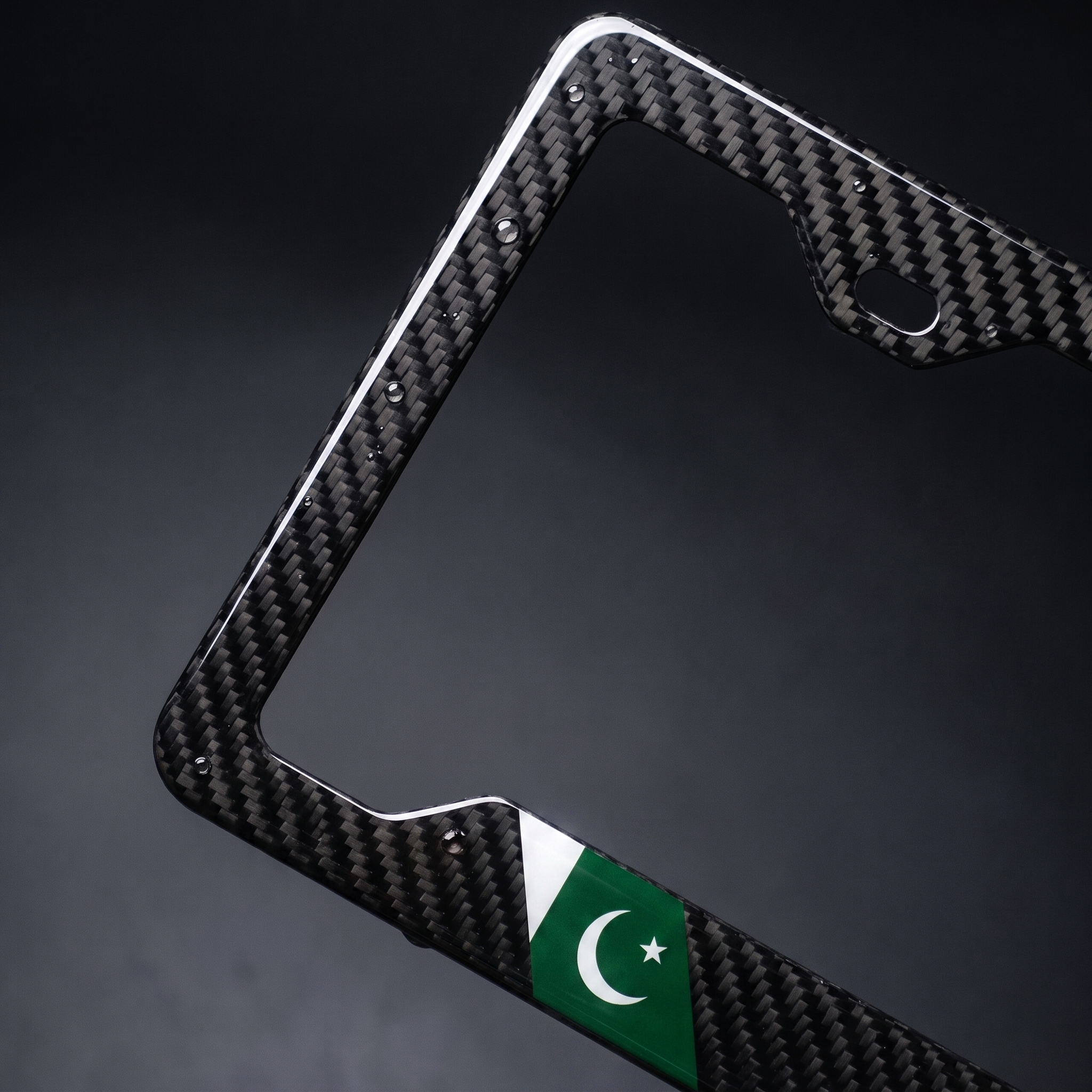 Pakistan flag carbon fiber license plate frame — angled macro