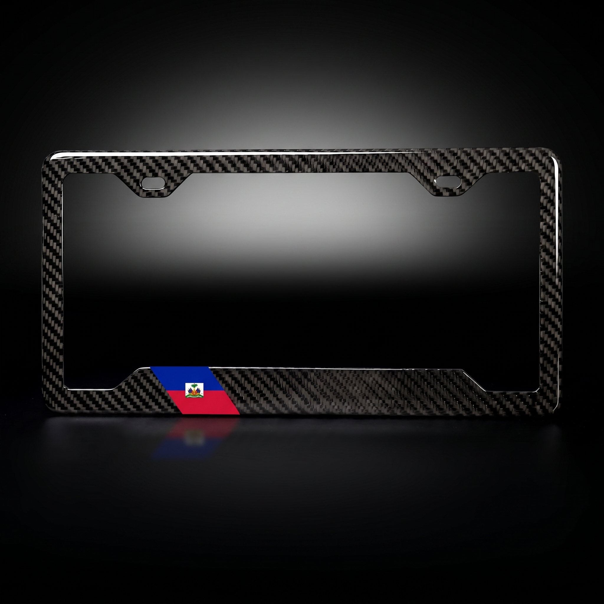 Haiti flag carbon fiber license plate frame — black studio straight-on