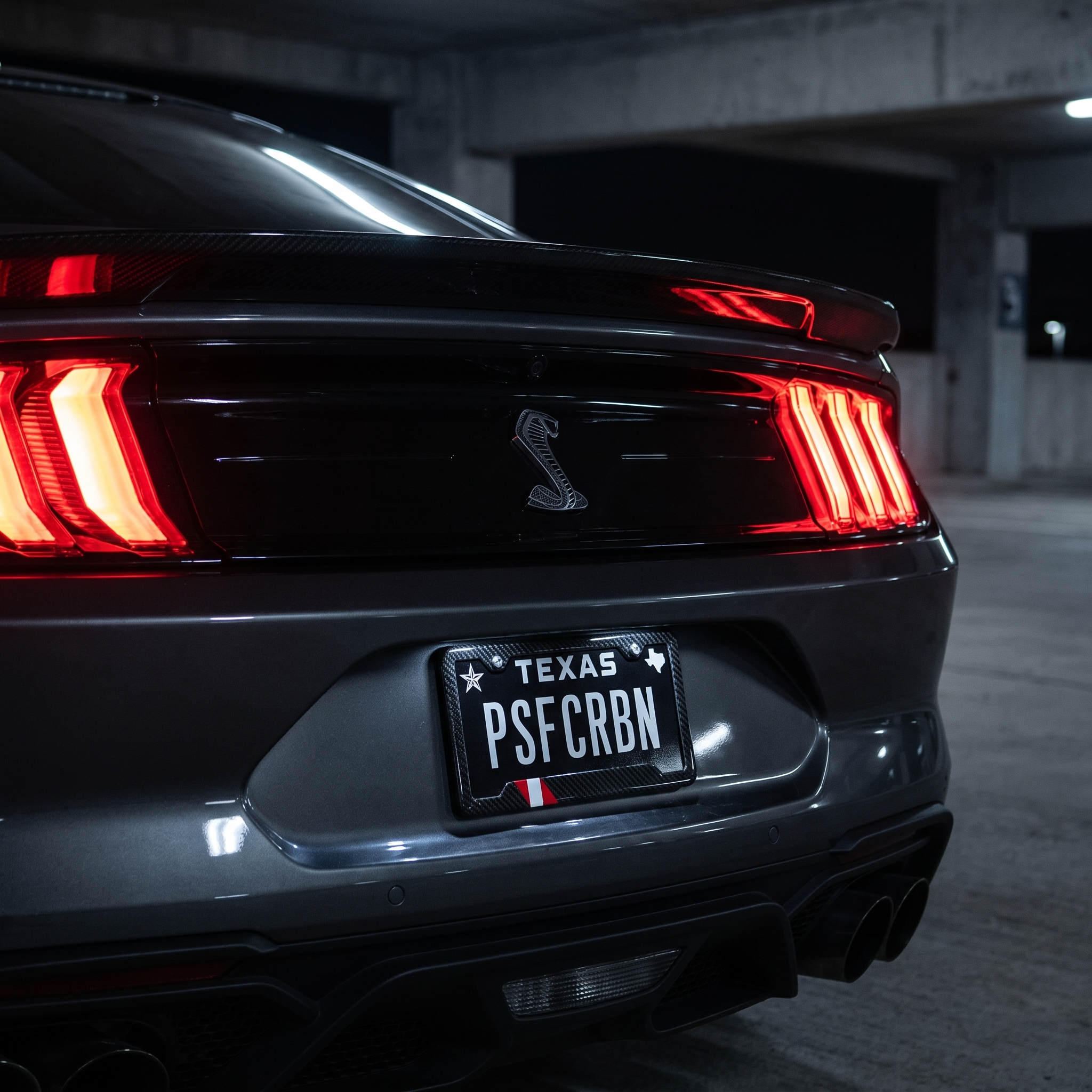 Peru flag carbon fiber license plate frame — on-car night hero, Shelby GT500