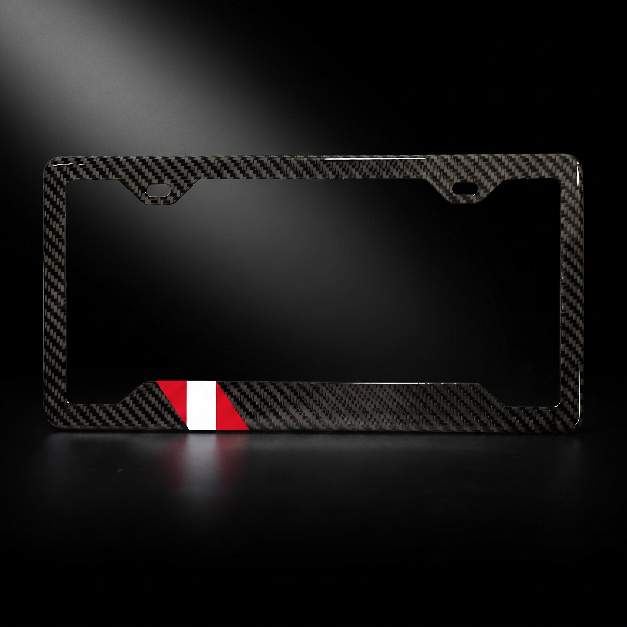 Peru flag carbon fiber license plate frame — black studio straight-on