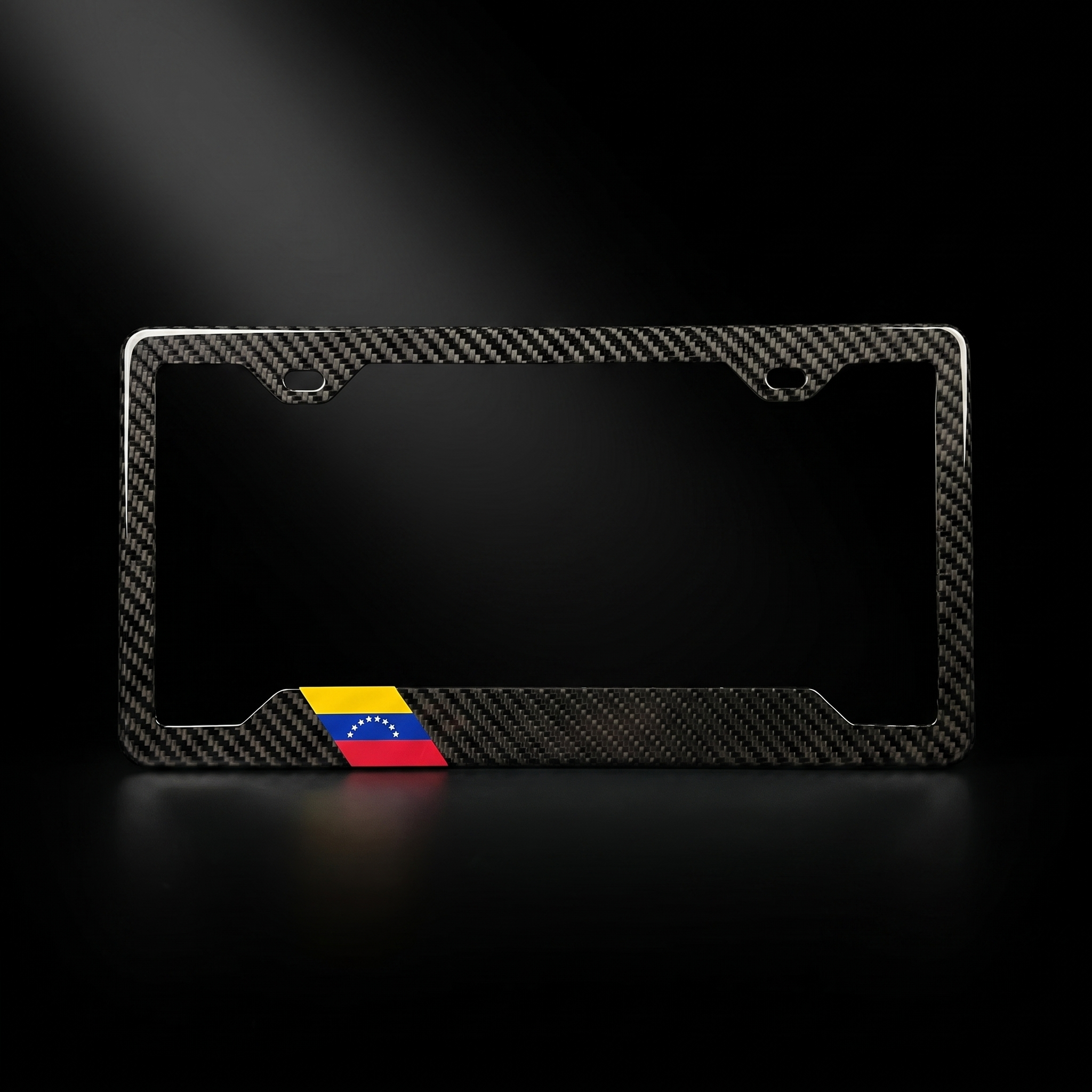 Venezuela flag carbon fiber license plate frame — black studio straight-on