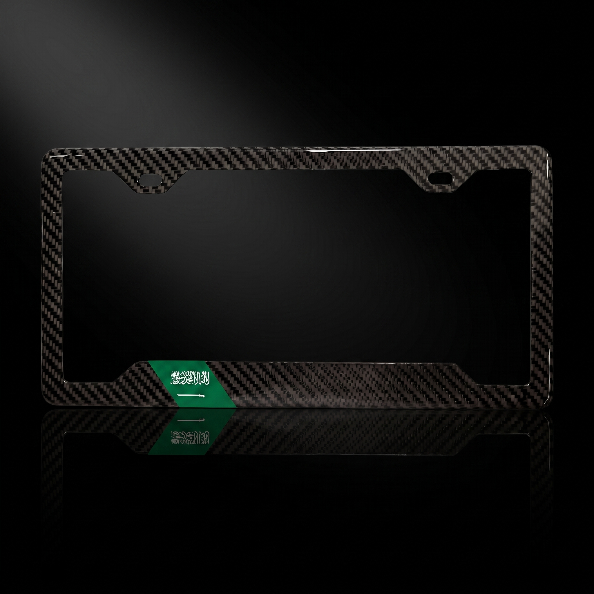 Saudi Arabia flag carbon fiber license plate frame — black studio straight-on