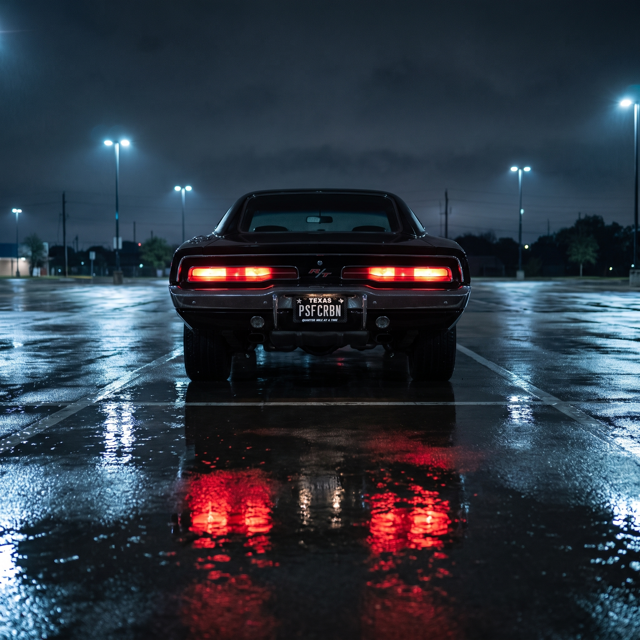 Quarter Mile At A Time frame on a 1970 Dodge Charger R/T in a wet night parking lot