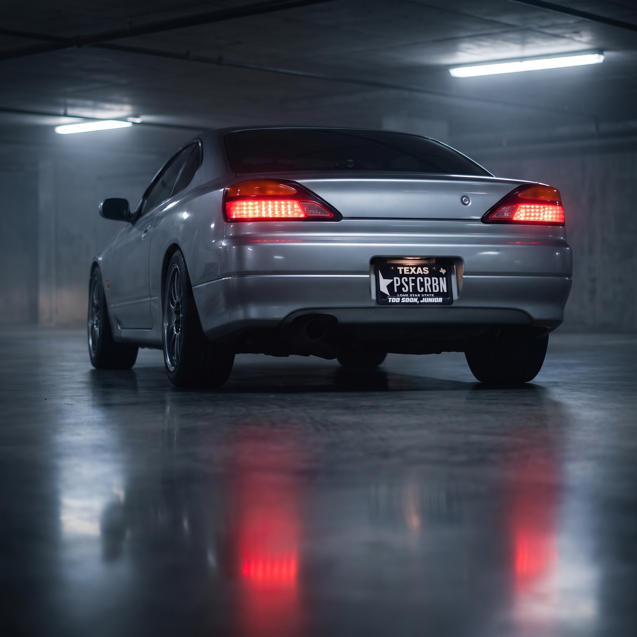 Too Soon, Junior frame on a silver Nissan Silvia S15 in a night garage