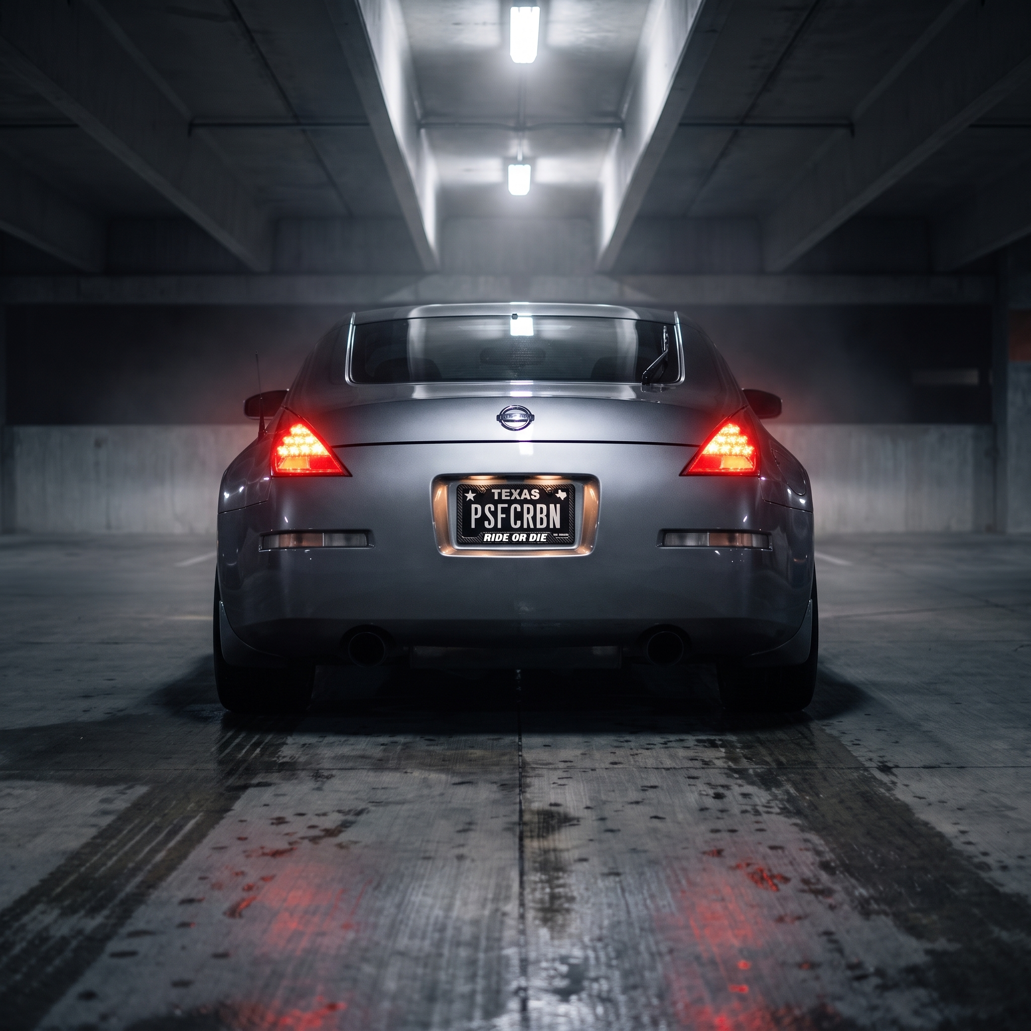 Ride Or Die frame on a gunmetal Nissan 350Z in a night garage