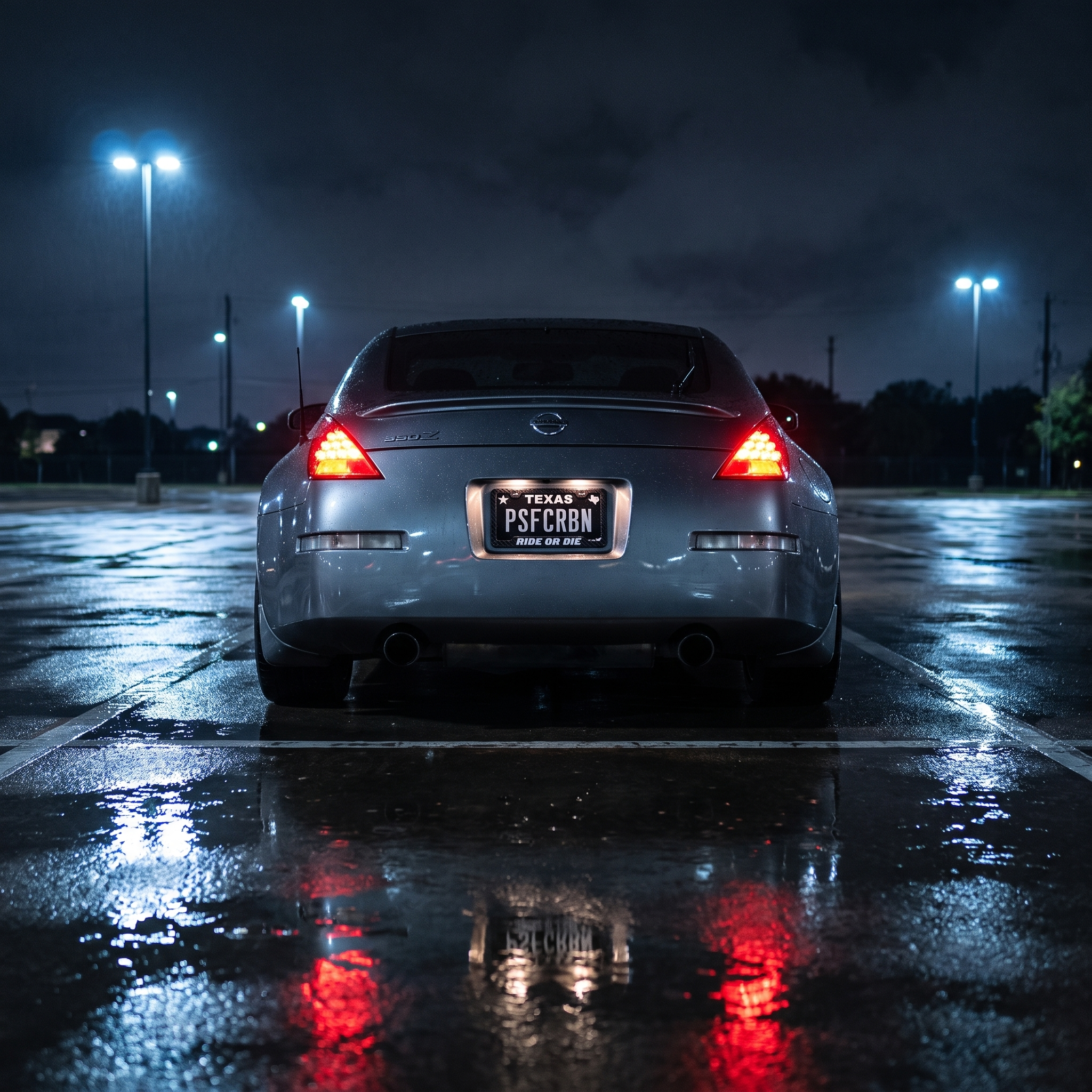 Ride Or Die frame on a gunmetal Nissan 350Z in a wet night parking lot