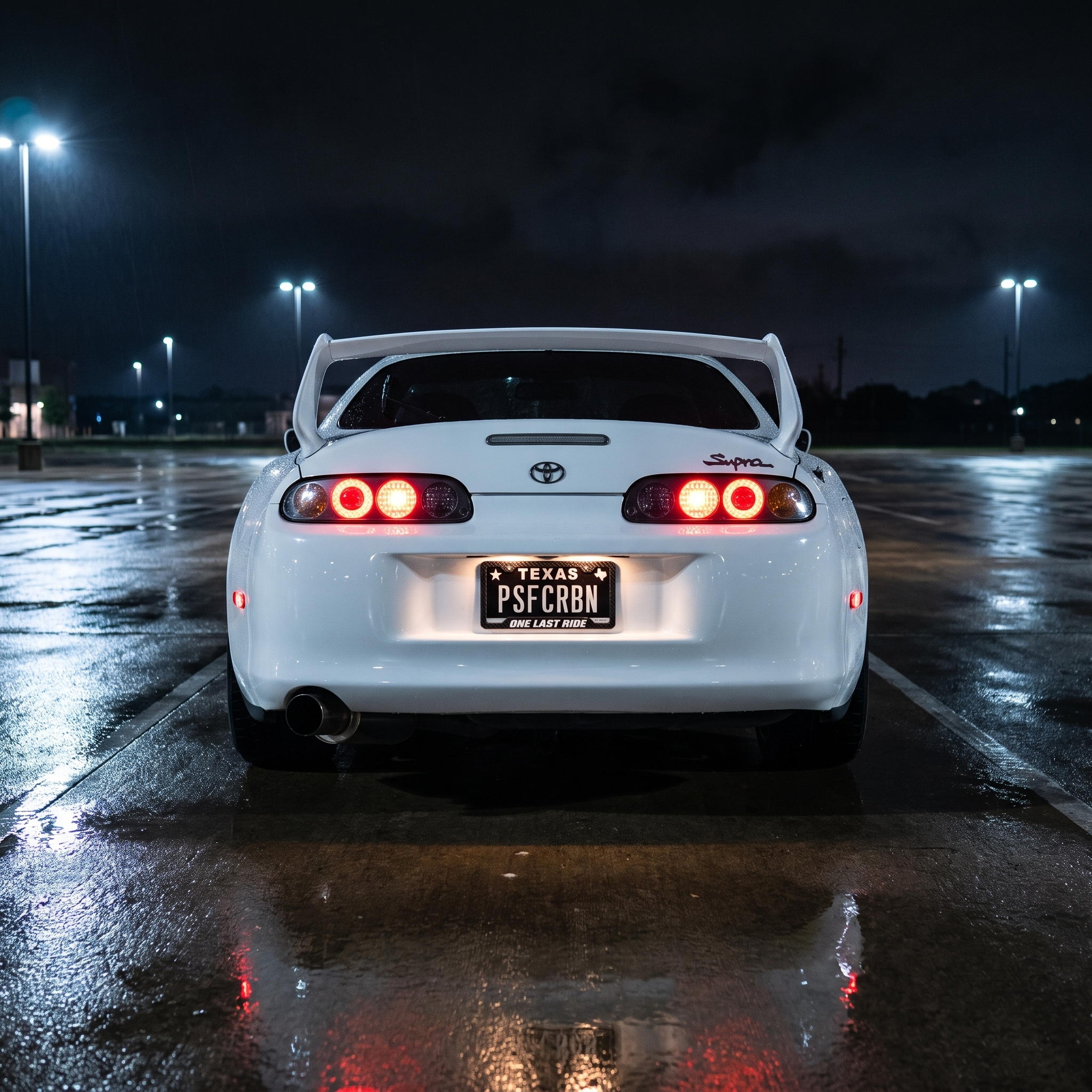 One Last Ride frame on a white Toyota Supra Mk4 in a wet night parking lot