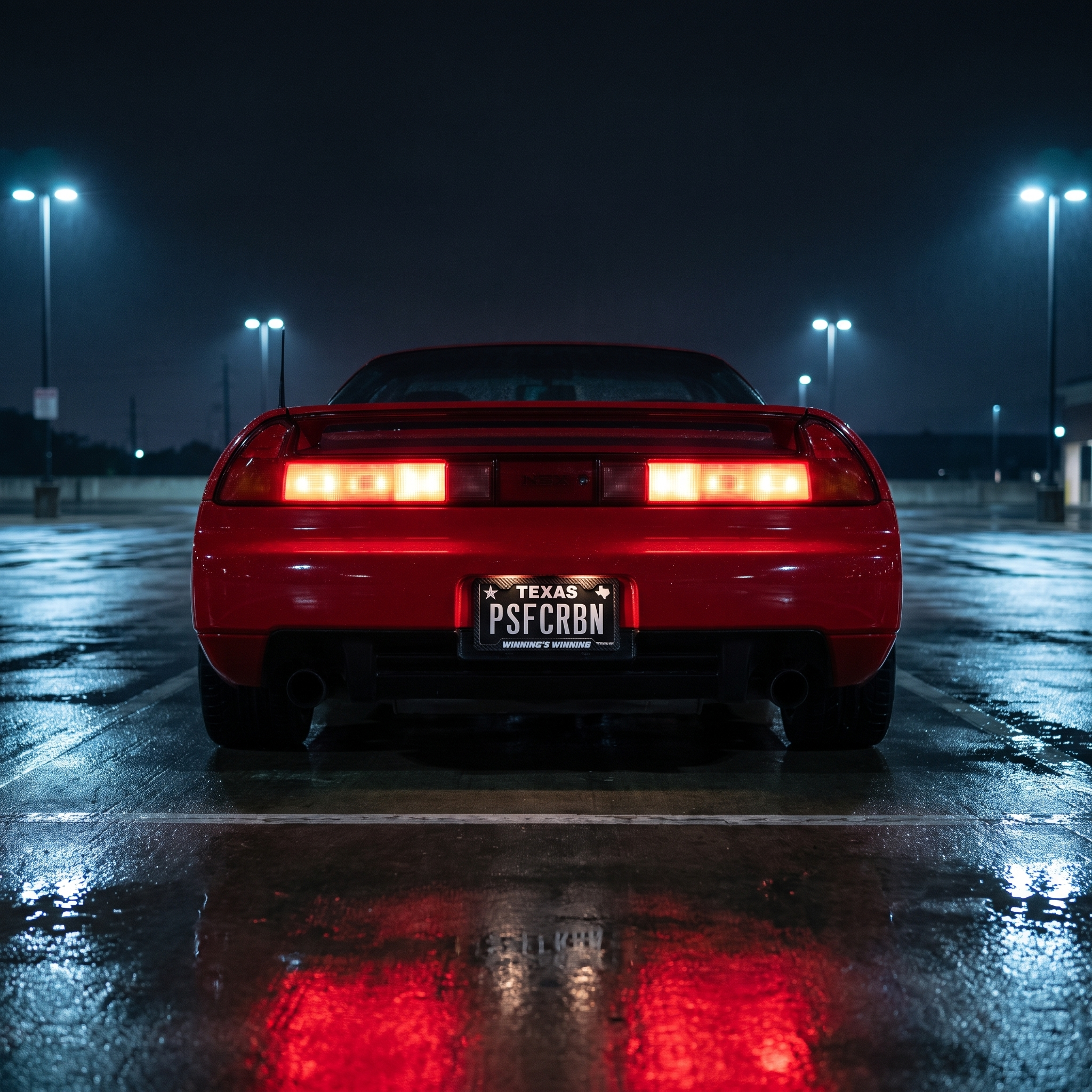 Winning's Winning frame on a red first-generation Acura NSX in a wet night parking lot