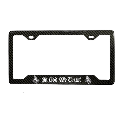 In God We Trust praying hands carbon fiber license plate frame - front view