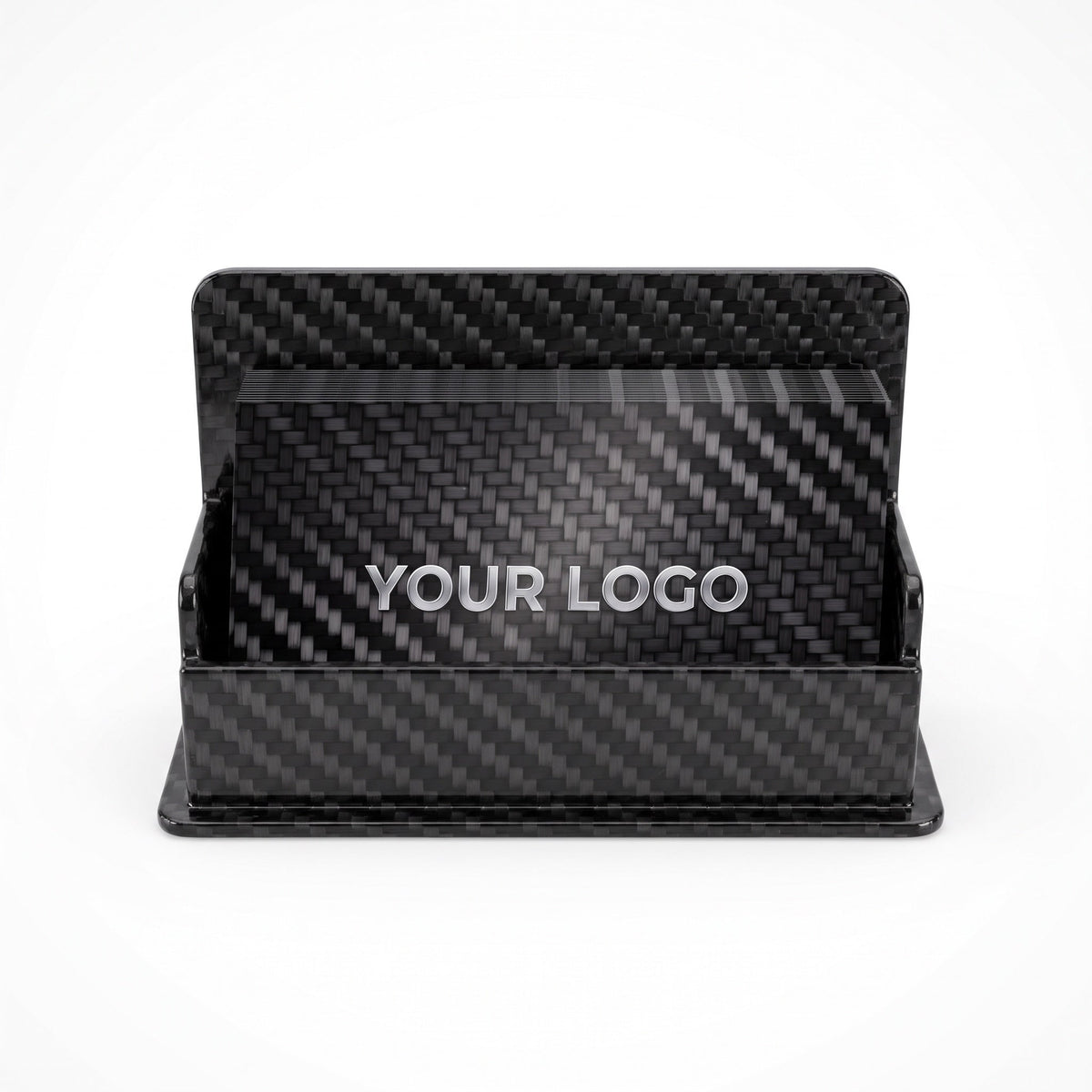 Carbon fiber business card holder holding carbon fiber business cards