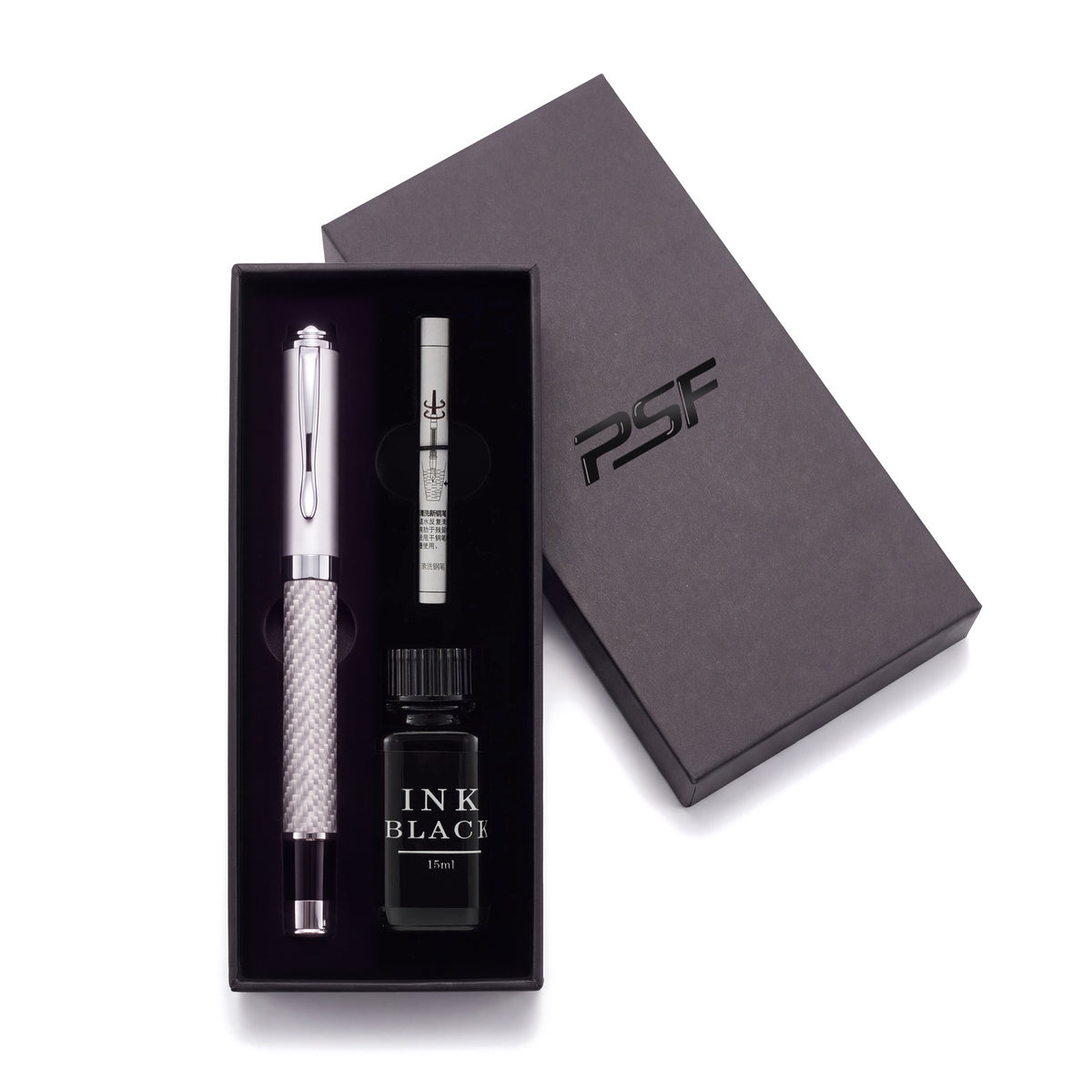 CarbonInk Fountain in its PSF gift box with the 15 ml ink bottle