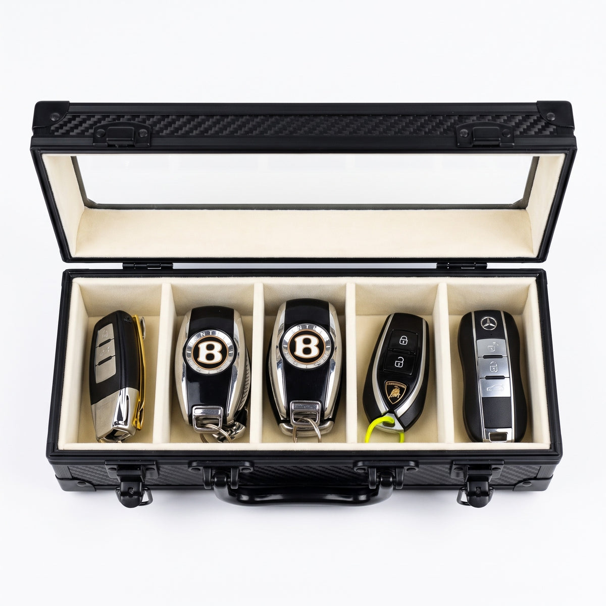 Looking into the Motorcase: five suede slots, one key in each