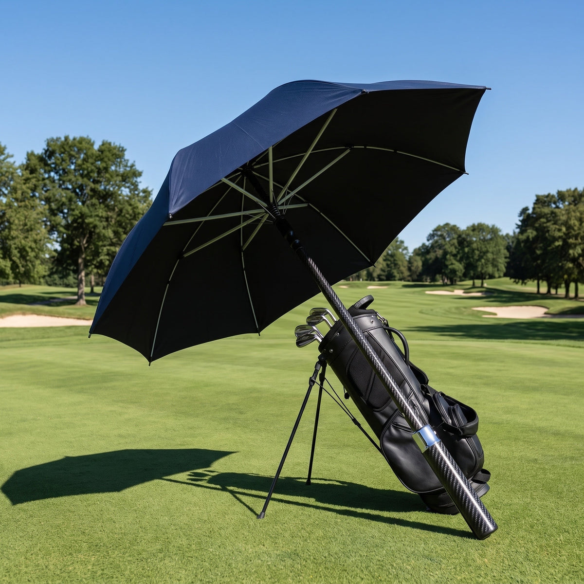 PSF Carbon Fiber Umbrella open, resting on a golf bag on the fairway